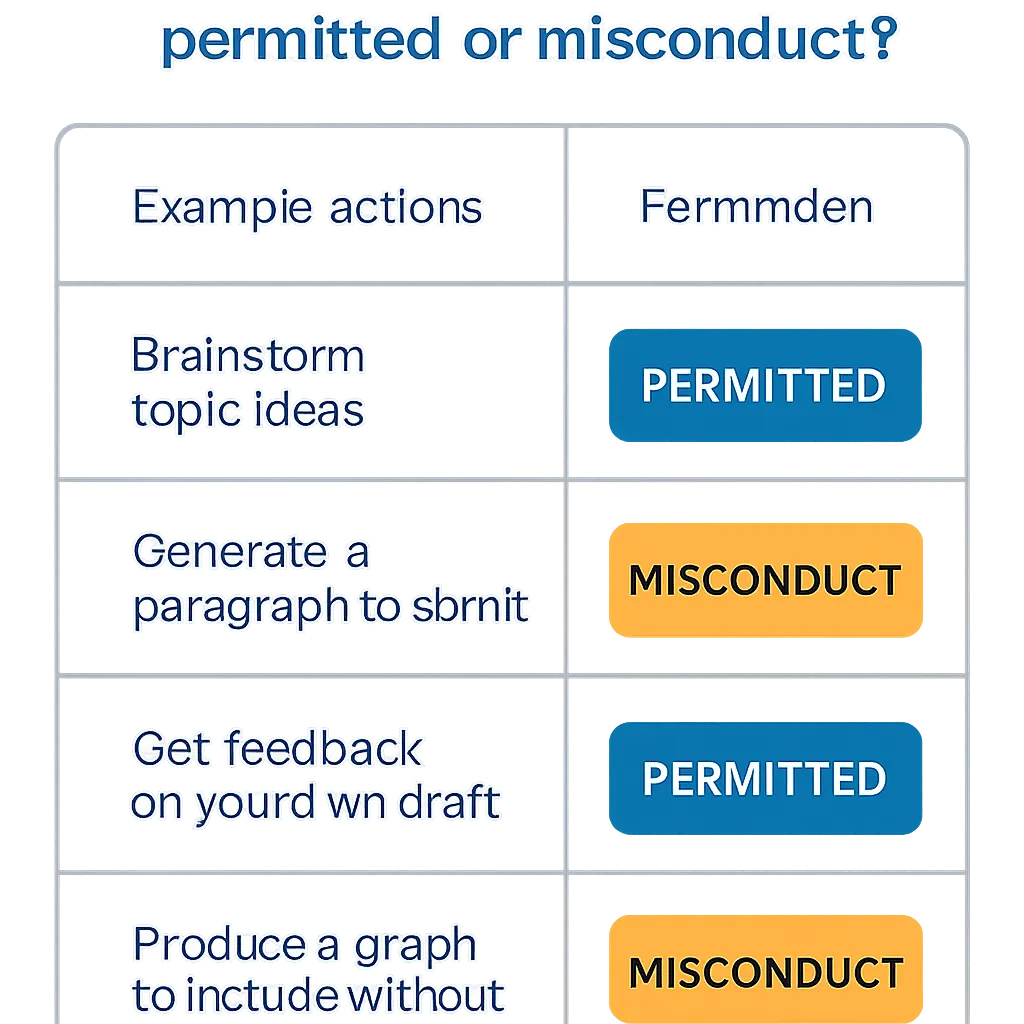 Flowchart showing which AI uses are permitted and which are misconduct under the IB academic integrity policy for the Extended Essay