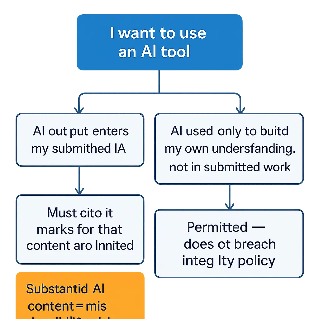 Flowchart showing when using AI for an IB IA breaches academic integrity policy and when it does not