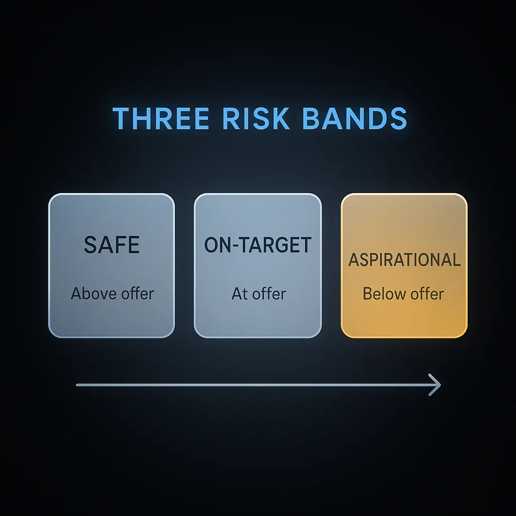 Three-band diagram showing safe, on-target and aspirational university choices by predicted grade gap