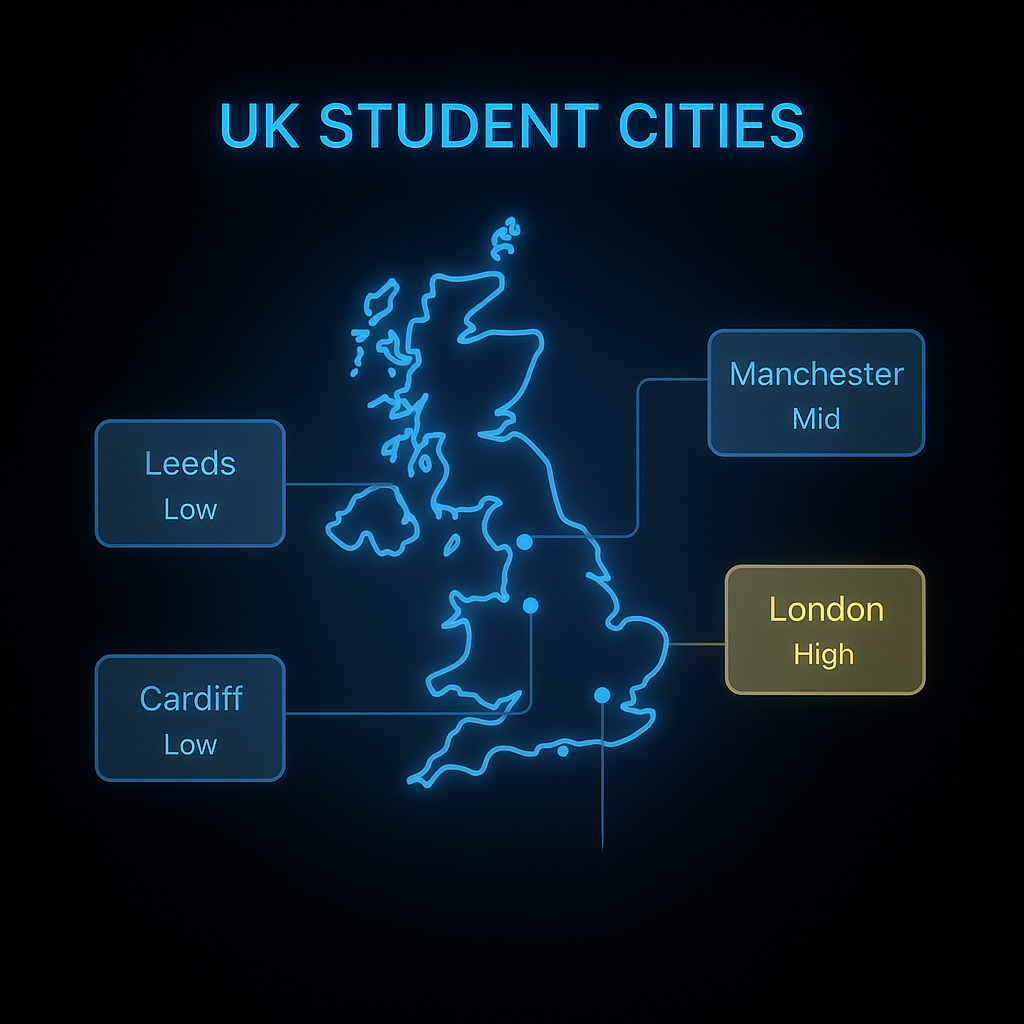 UK map showing best student cities by region with relative cost indicators for 2025