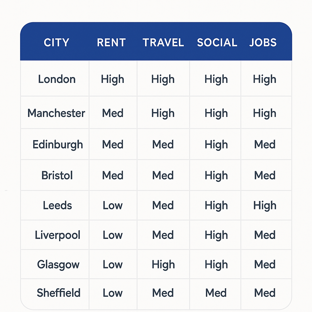 Comparison grid scoring eight best UK student cities on rent, transport, social scene and graduate opportunity