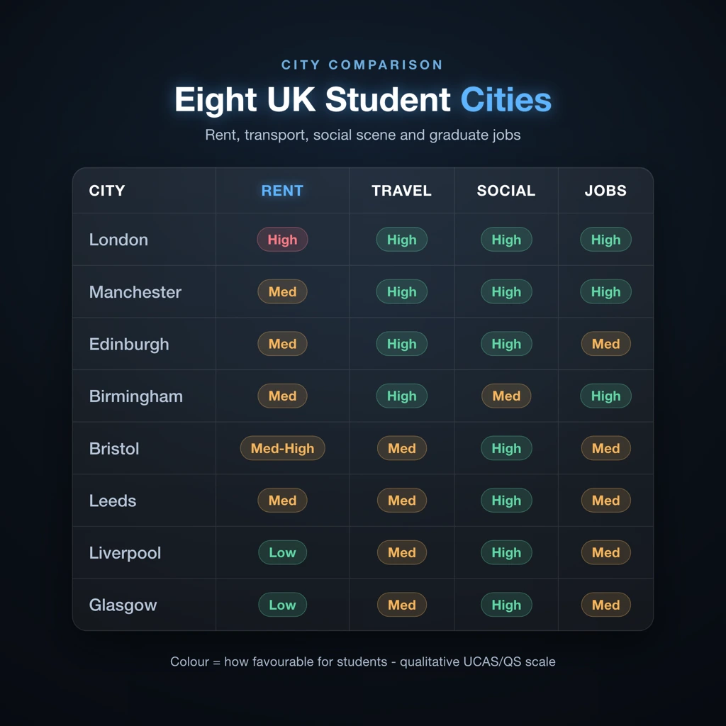 Comparison grid scoring eight best UK student cities on rent, transport, social scene and graduate opportunity
