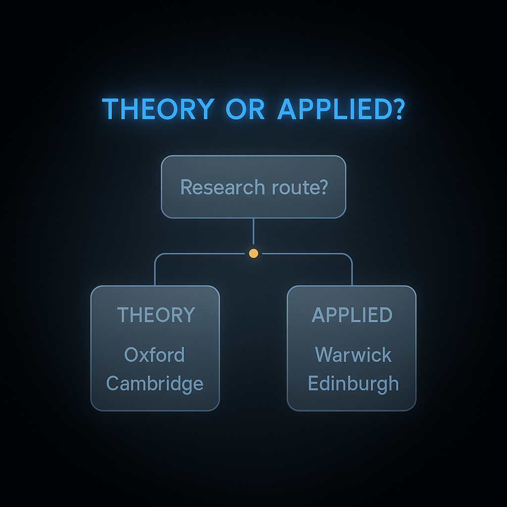 Flowchart helping UK computer science applicants choose between theory-heavy and applied university routes