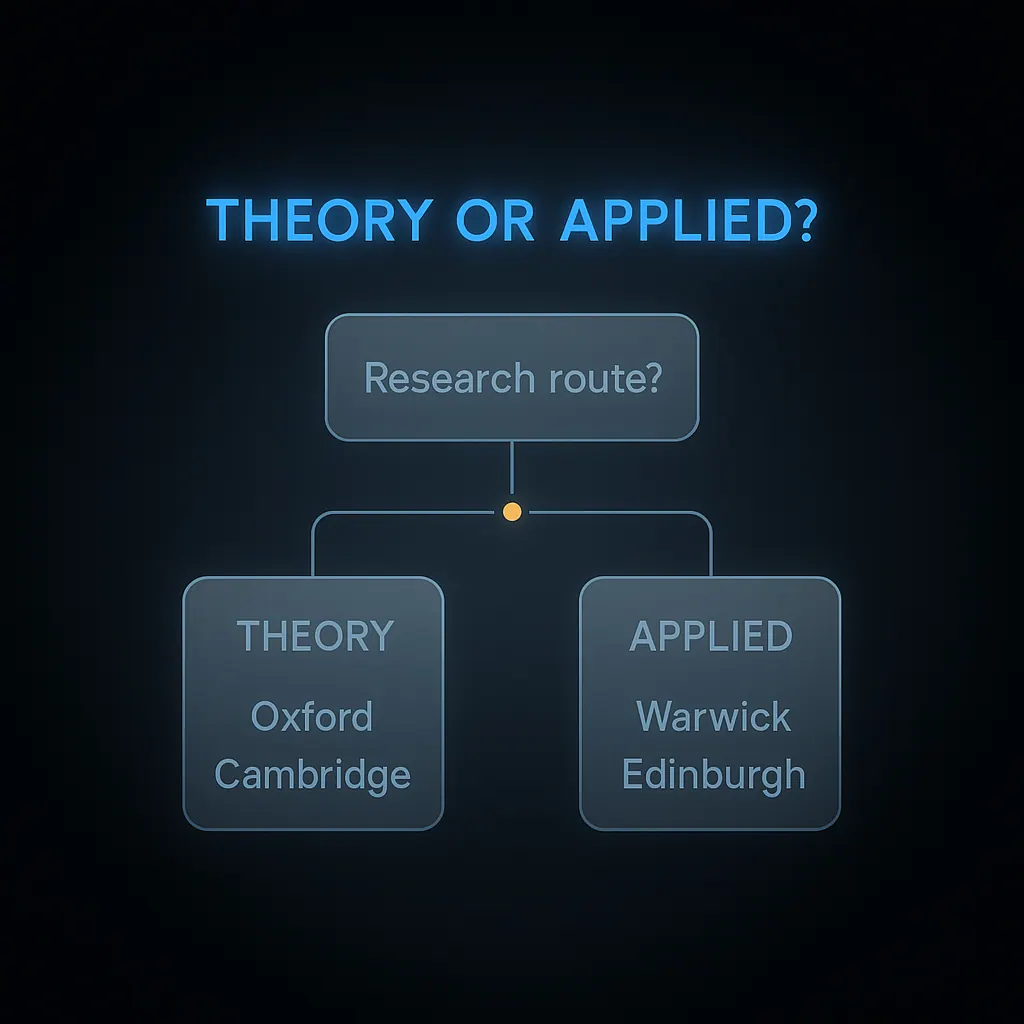 Flowchart helping UK computer science applicants choose between theory-heavy and applied university routes