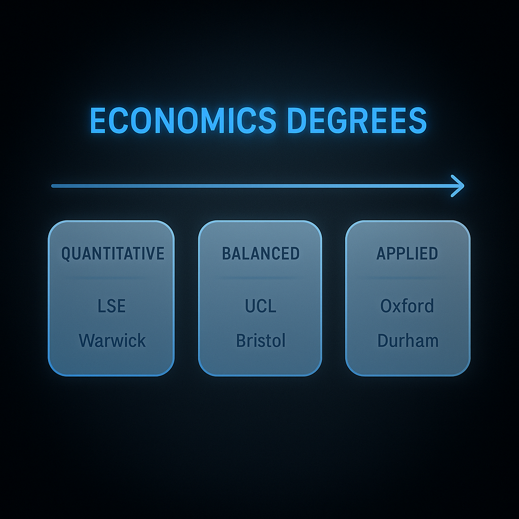 Spectrum diagram showing UK economics degrees arranged from highly quantitative to applied and interdisciplinary