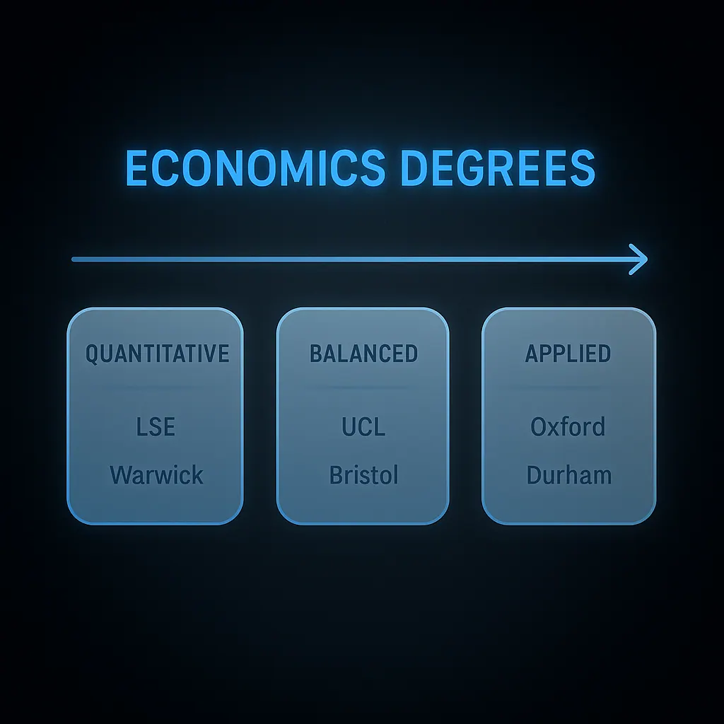 Spectrum diagram showing UK economics degrees arranged from highly quantitative to applied and interdisciplinary