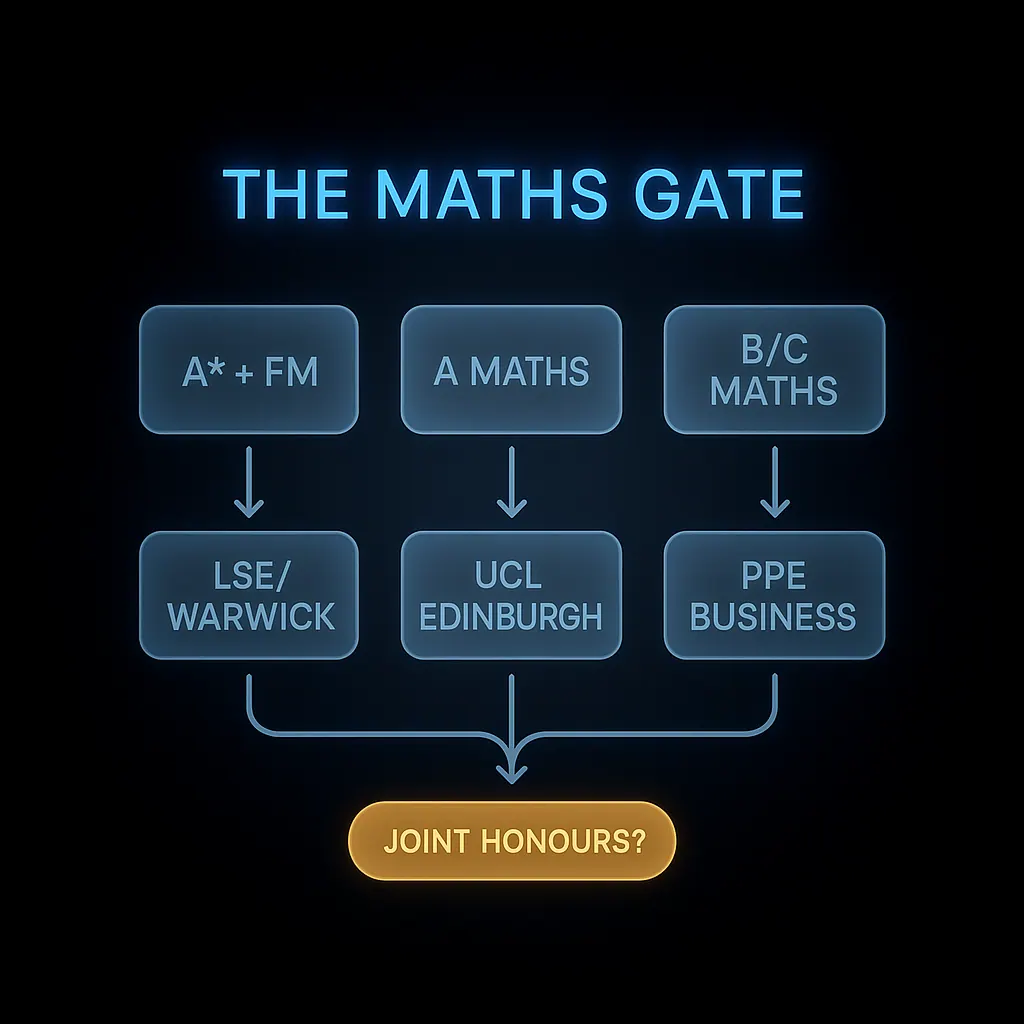 Flowchart helping students choose best UK universities for economics based on maths level and joint-honours preference