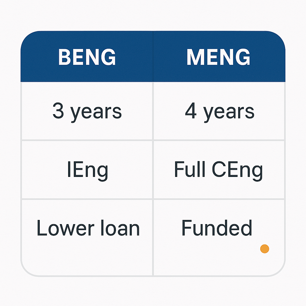 Side-by-side comparison of BEng and MEng engineering degrees in the UK showing duration, chartership and funding differences
