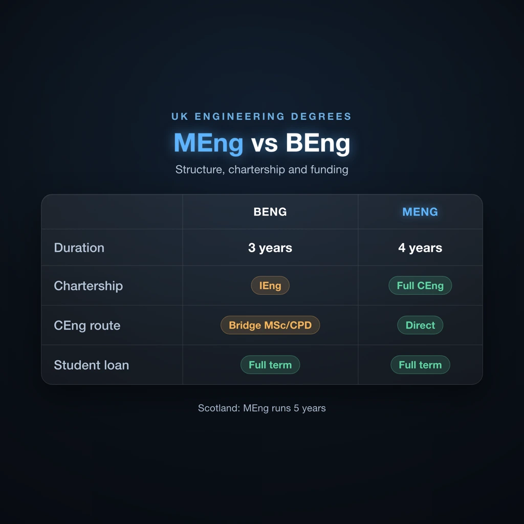 Side-by-side comparison of BEng and MEng engineering degrees in the UK showing duration, chartership and funding differences