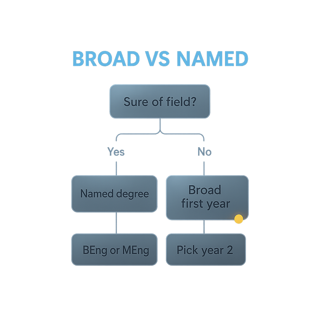 Flowchart helping UK engineering applicants choose between a broad first-year and named discipline degree structure