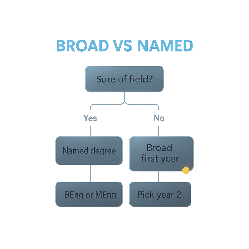 Flowchart helping UK engineering applicants choose between a broad first-year and named discipline degree structure