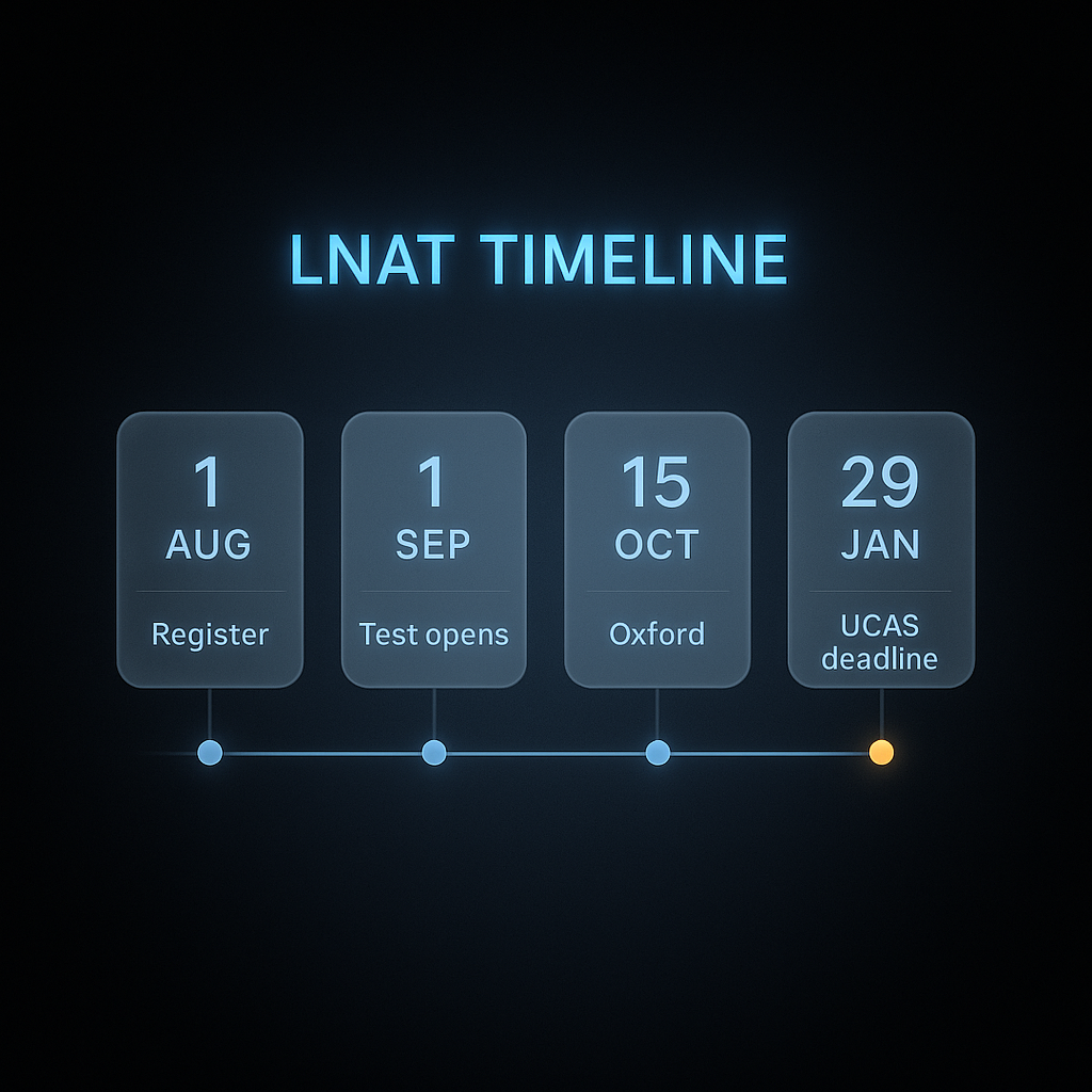 LNAT registration and sitting timeline for UK law applicants from August to January UCAS deadline