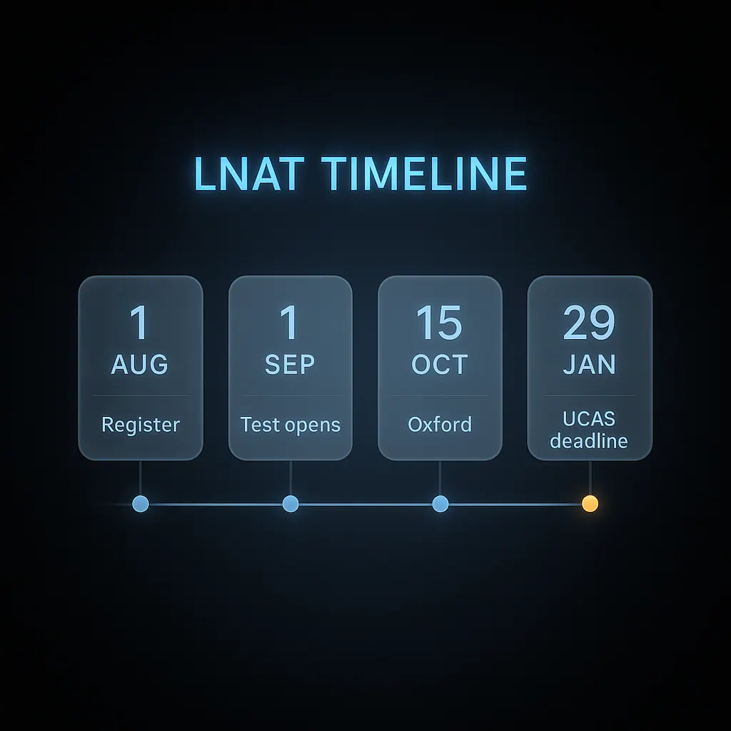 LNAT registration and sitting timeline for UK law applicants from August to January UCAS deadline