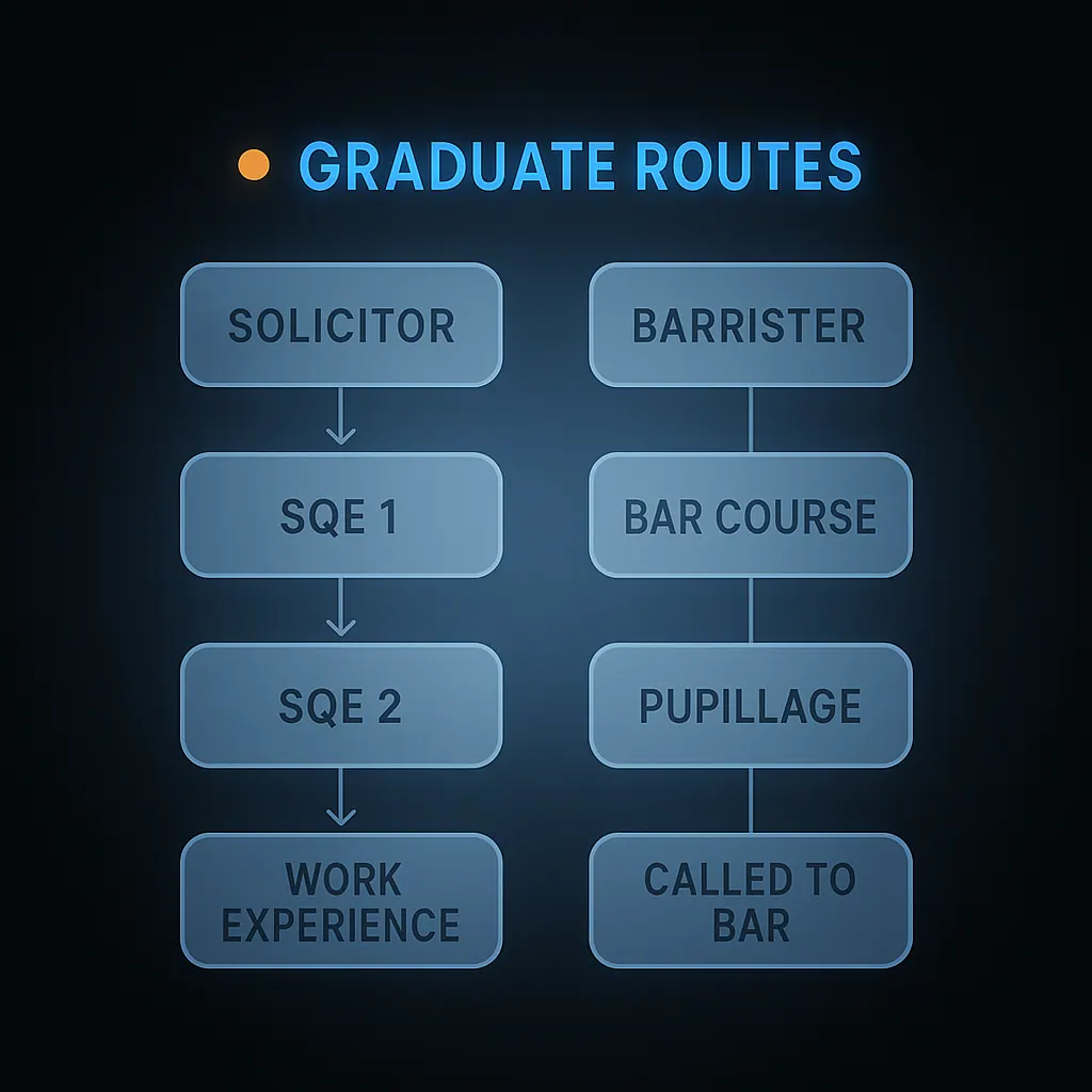 Diagram comparing the UK solicitor route via SQE and the barrister route via pupillage for law graduates