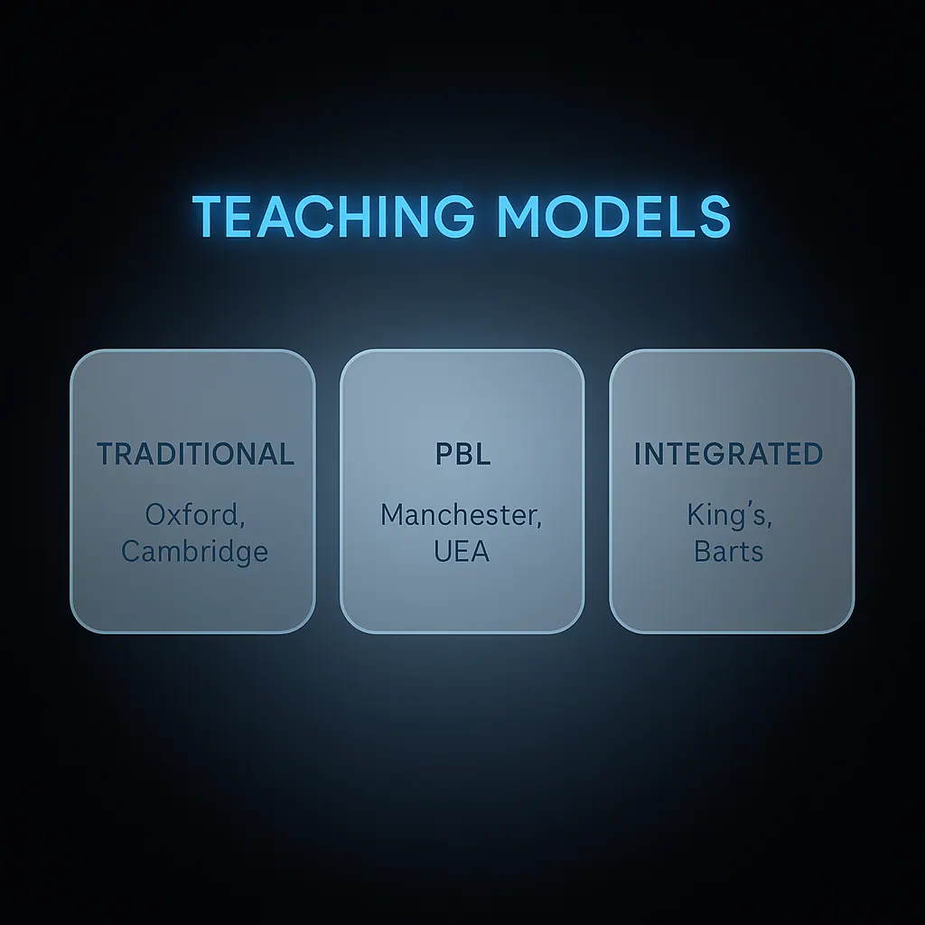 Flowchart showing three UK medical school teaching models: traditional, PBL and integrated, with example universities