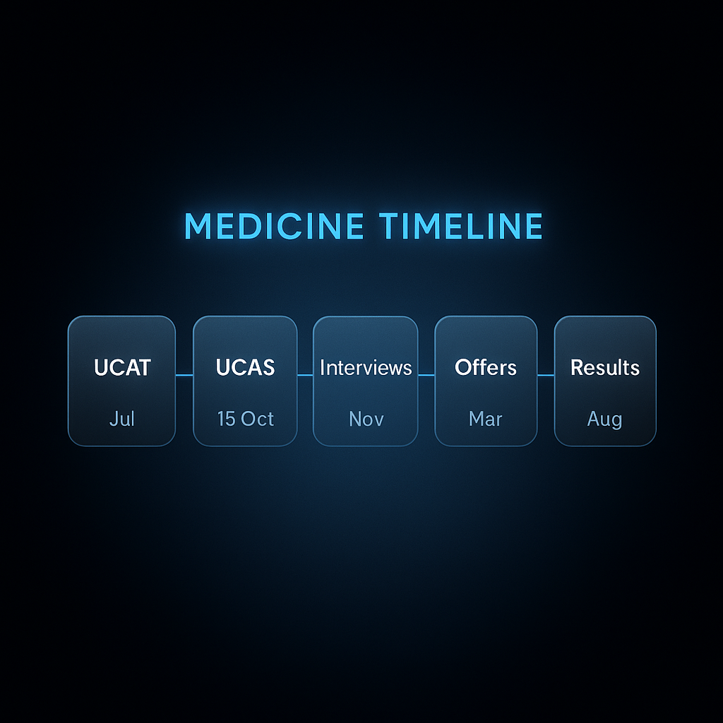 Timeline of UK medicine application milestones from UCAT registration through to results day and offer confirmation