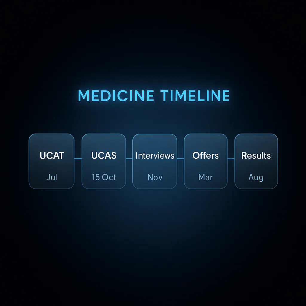 Timeline of UK medicine application milestones from UCAT registration through to results day and offer confirmation