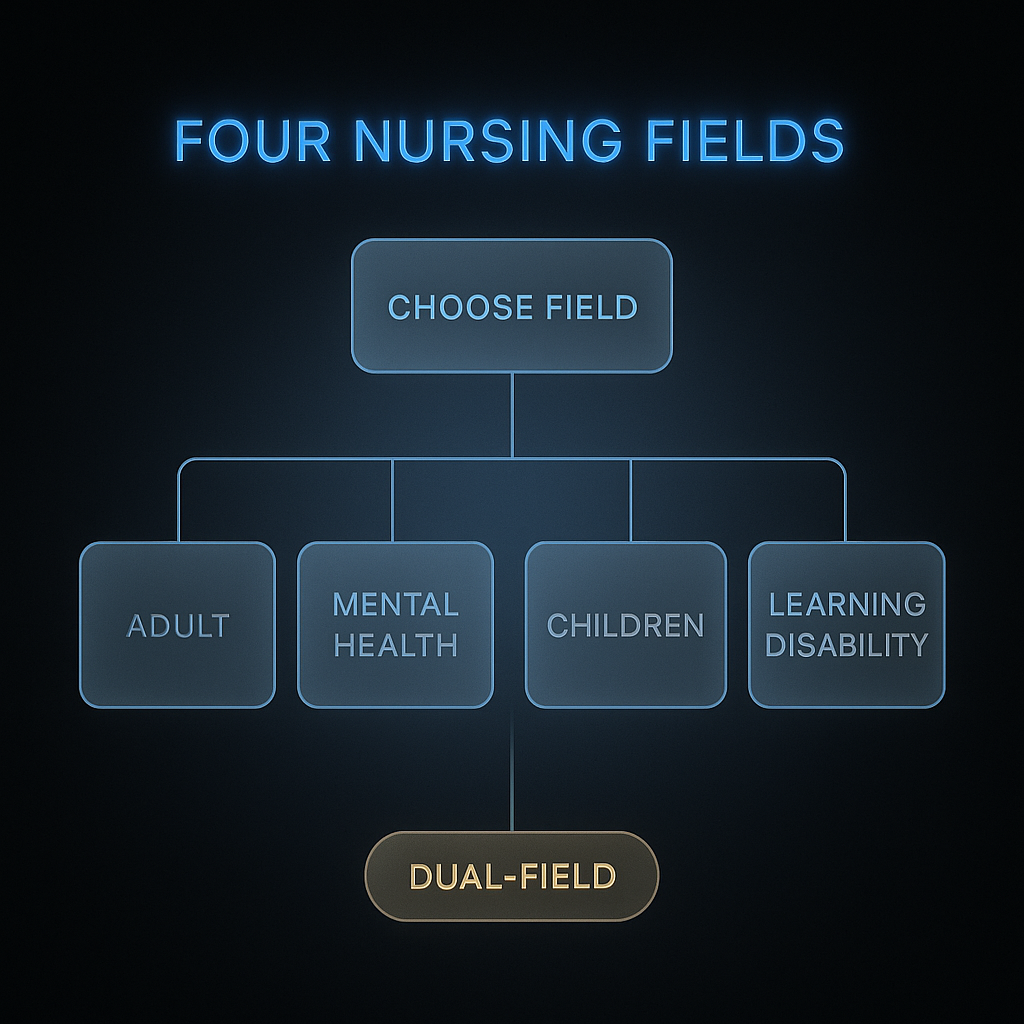 Flowchart showing the four UK nursing fields and dual-field degree routes available at best UK universities for nursing