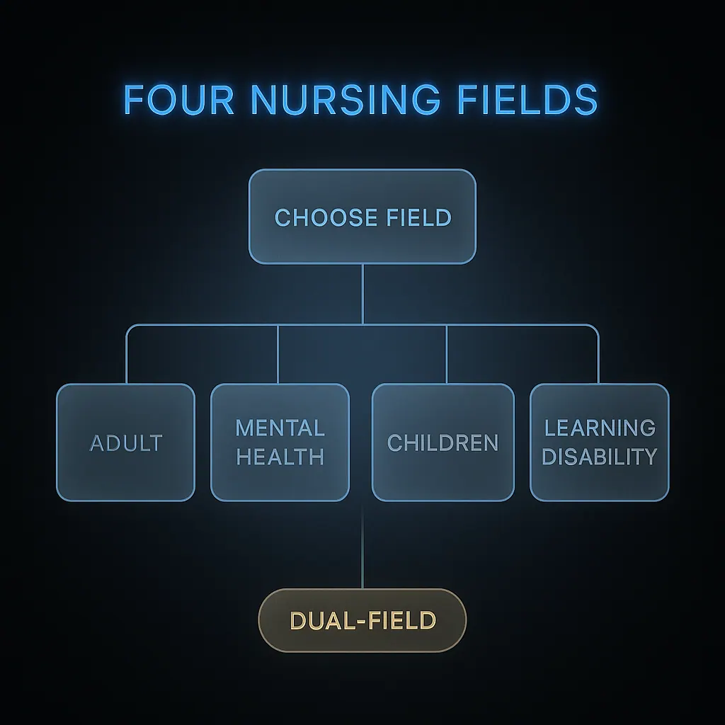 Flowchart showing the four UK nursing fields and dual-field degree routes available at best UK universities for nursing