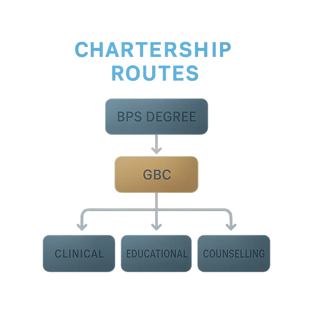 Flowchart showing best UK university psychology degree routes to clinical forensic educational and counselling chartership