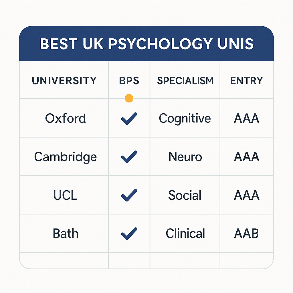Comparison matrix of best UK universities for psychology by BPS accreditation research specialism and entry band