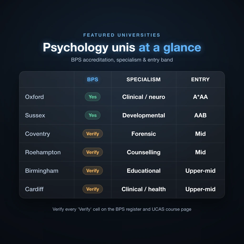 Comparison matrix of best UK universities for psychology by BPS accreditation research specialism and entry band