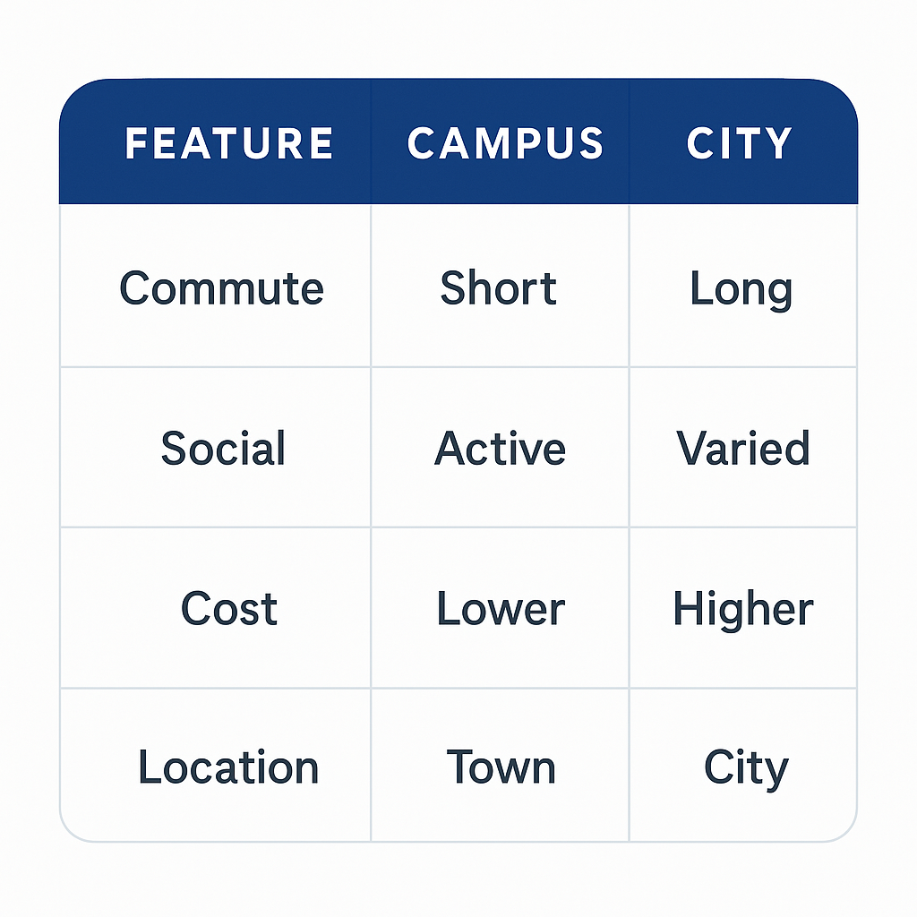 Campus vs city university comparison card showing key differences in commute, social life, cost and location