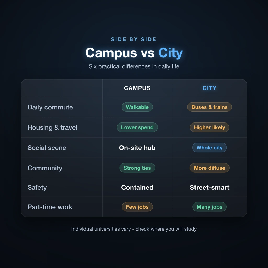 Campus vs city university comparison card showing key differences in commute, social life, cost and location