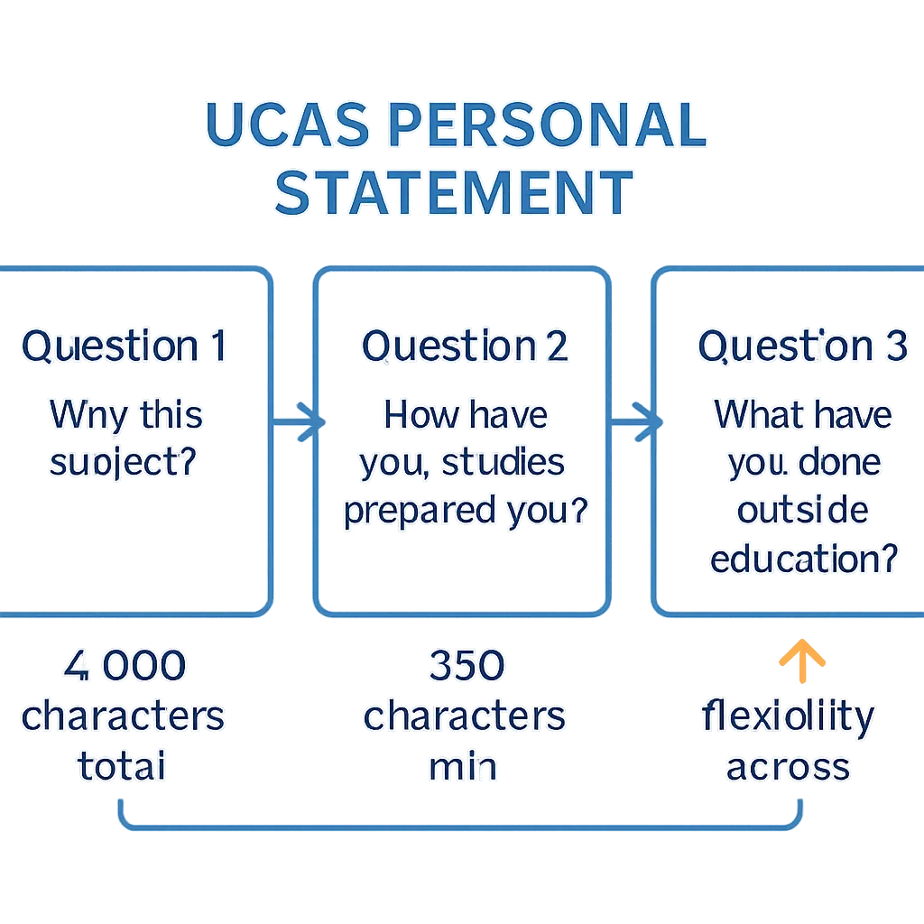 Diagram of the 2026 UCAS computer science personal statement three-question structure with character limits