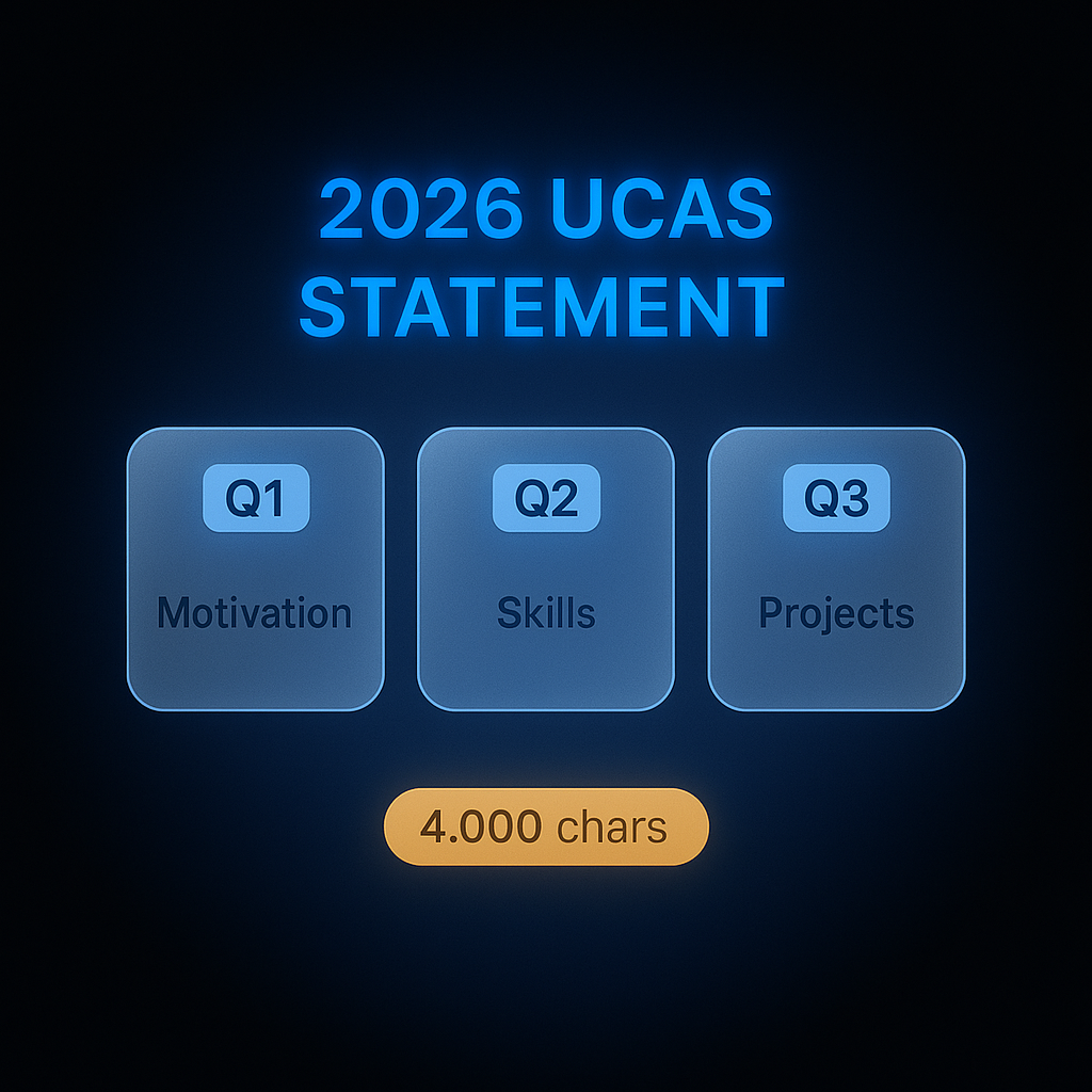 Diagram mapping the three 2026 UCAS personal statement questions to computer science application content areas