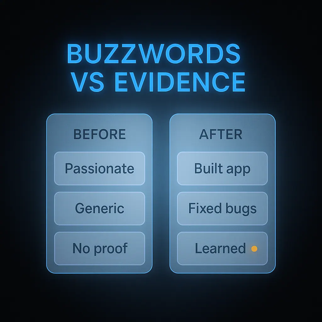 Before and after comparison of weak versus strong computer science personal statement phrasing showing project-based evidence