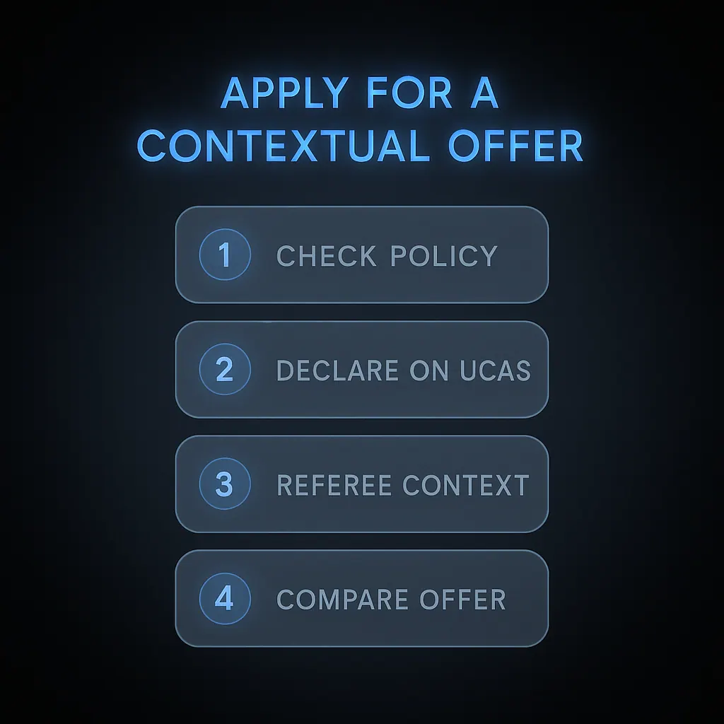 Four-step process flow showing how to apply for a contextual offer at a UK university