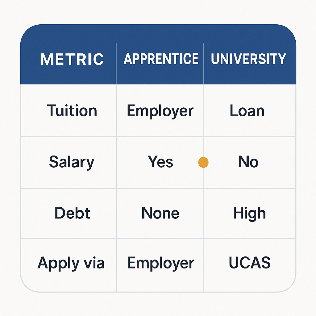 Comparison card: degree apprenticeship vs university across funding, salary, debt and application route