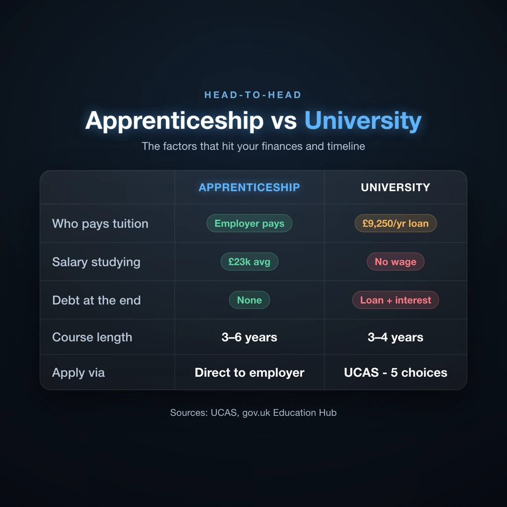 Comparison card: degree apprenticeship vs university across funding, salary, debt and application route