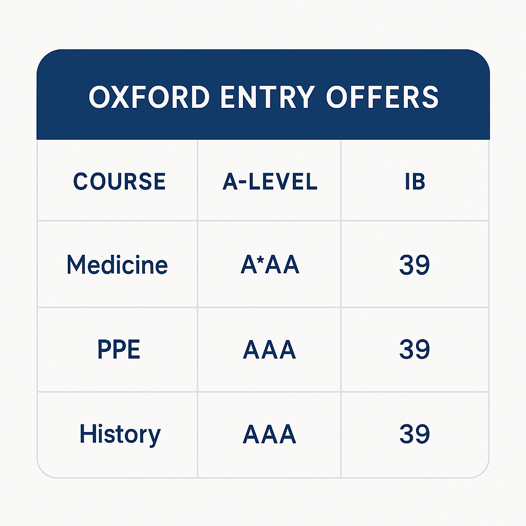 Side-by-side table comparing Oxford A-level and IB entry requirements for Medicine, PPE, and Economics and History