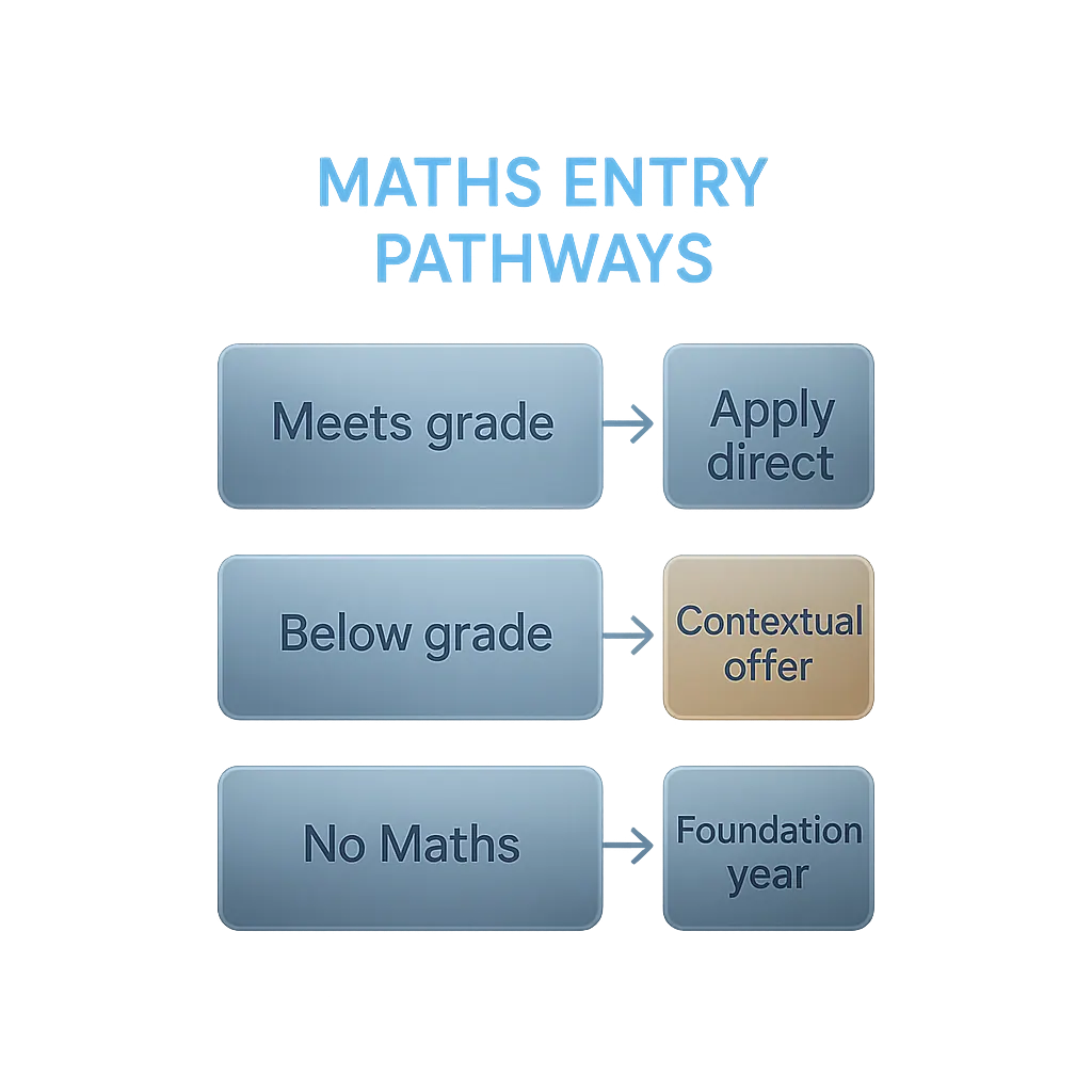 Flowchart showing economics degree entry requirement pathways based on A-level Mathematics grade