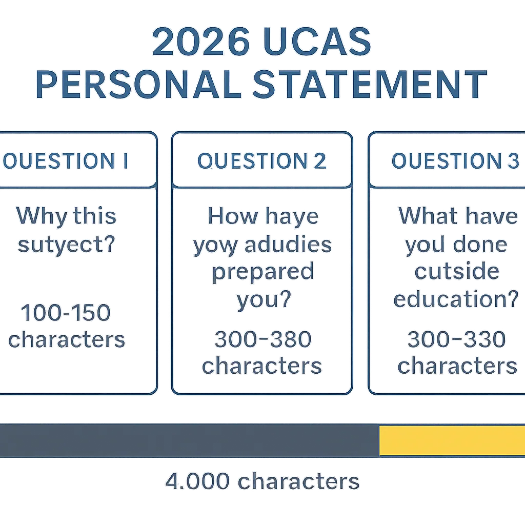 Diagram showing the three-question economics personal statement format for 2026 UCAS entry with 4,000-character total budget