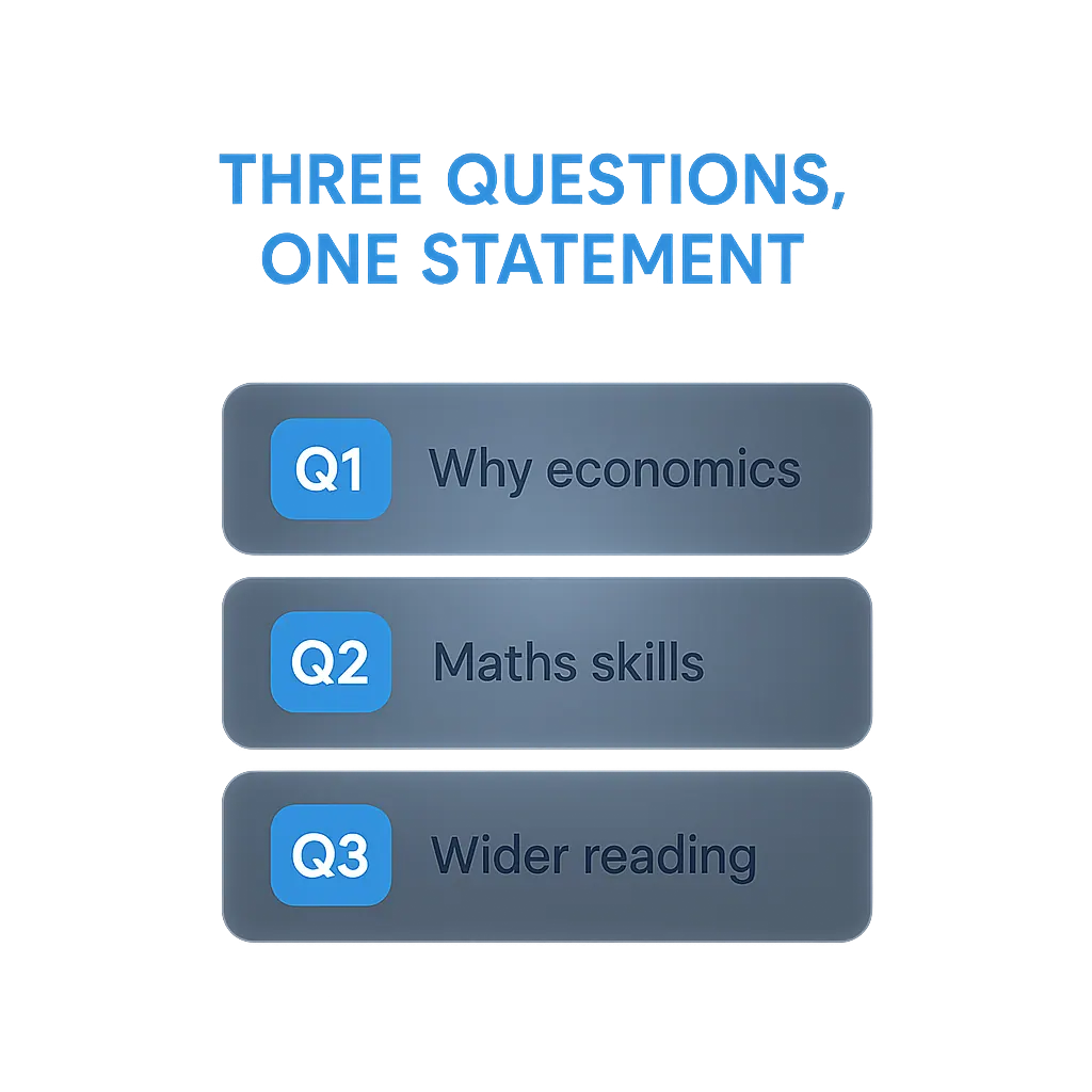 Diagram mapping the three 2026 UCAS personal statement questions to economics-specific evidence for each answer