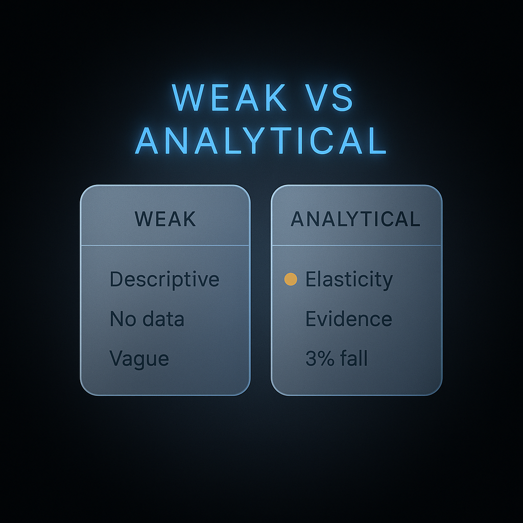 Before and after example sentences from an economics personal statement showing weak versus analytical phrasing