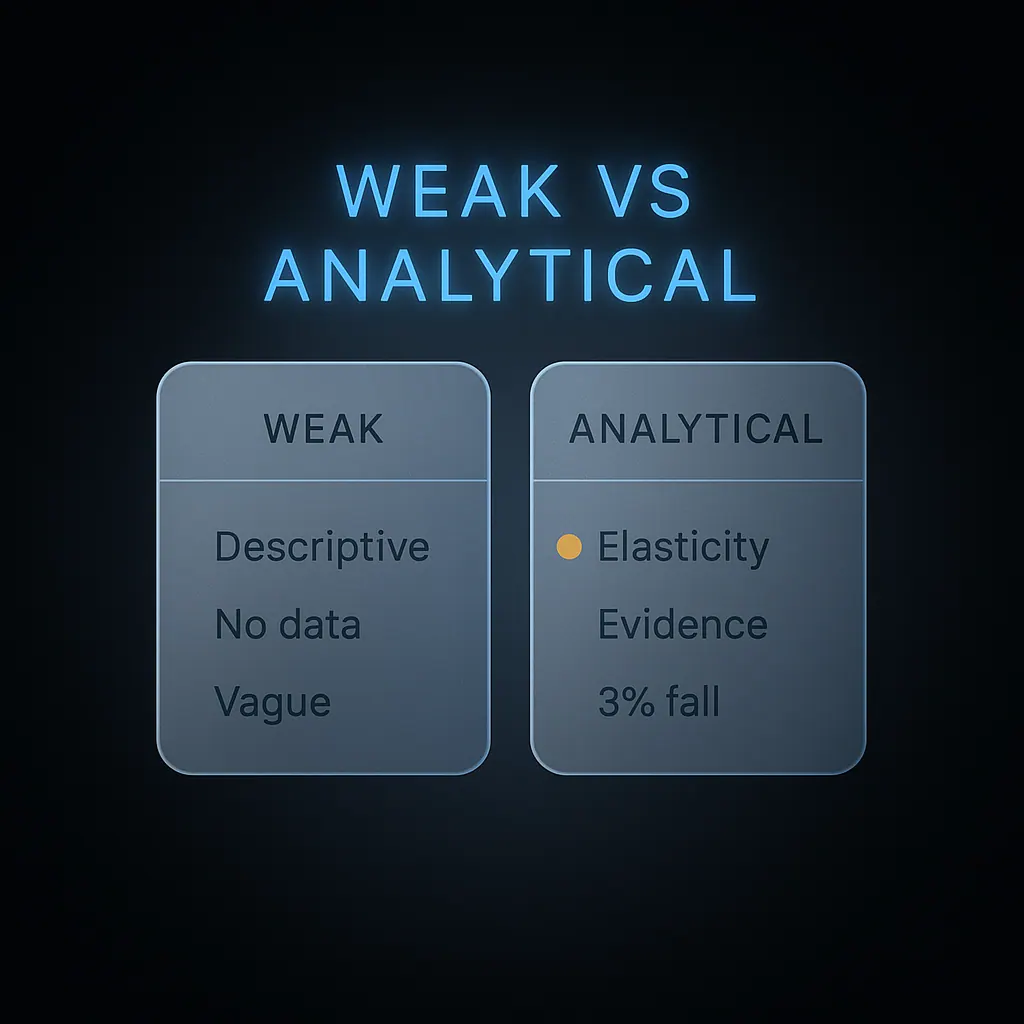 Before and after example sentences from an economics personal statement showing weak versus analytical phrasing