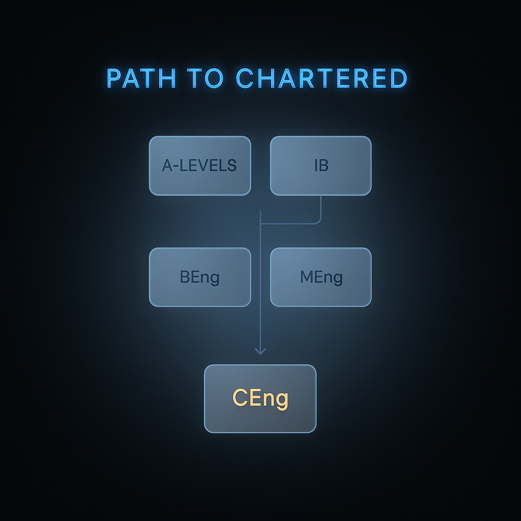 Flowchart showing engineering degree entry requirements pathways from A-levels or IB to BEng or MEng and Chartered Engineer status