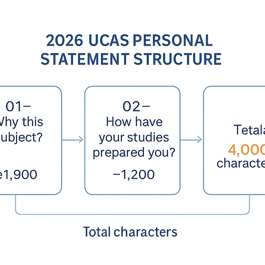 Diagram showing the 2026 UCAS engineering personal statement three-question structure with example character budgets per question