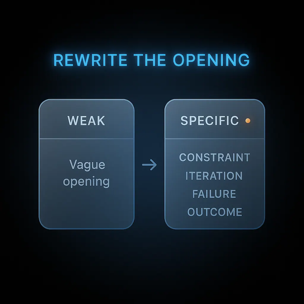 Before and after example showing how to rewrite a weak engineering personal statement opening with specific project detail