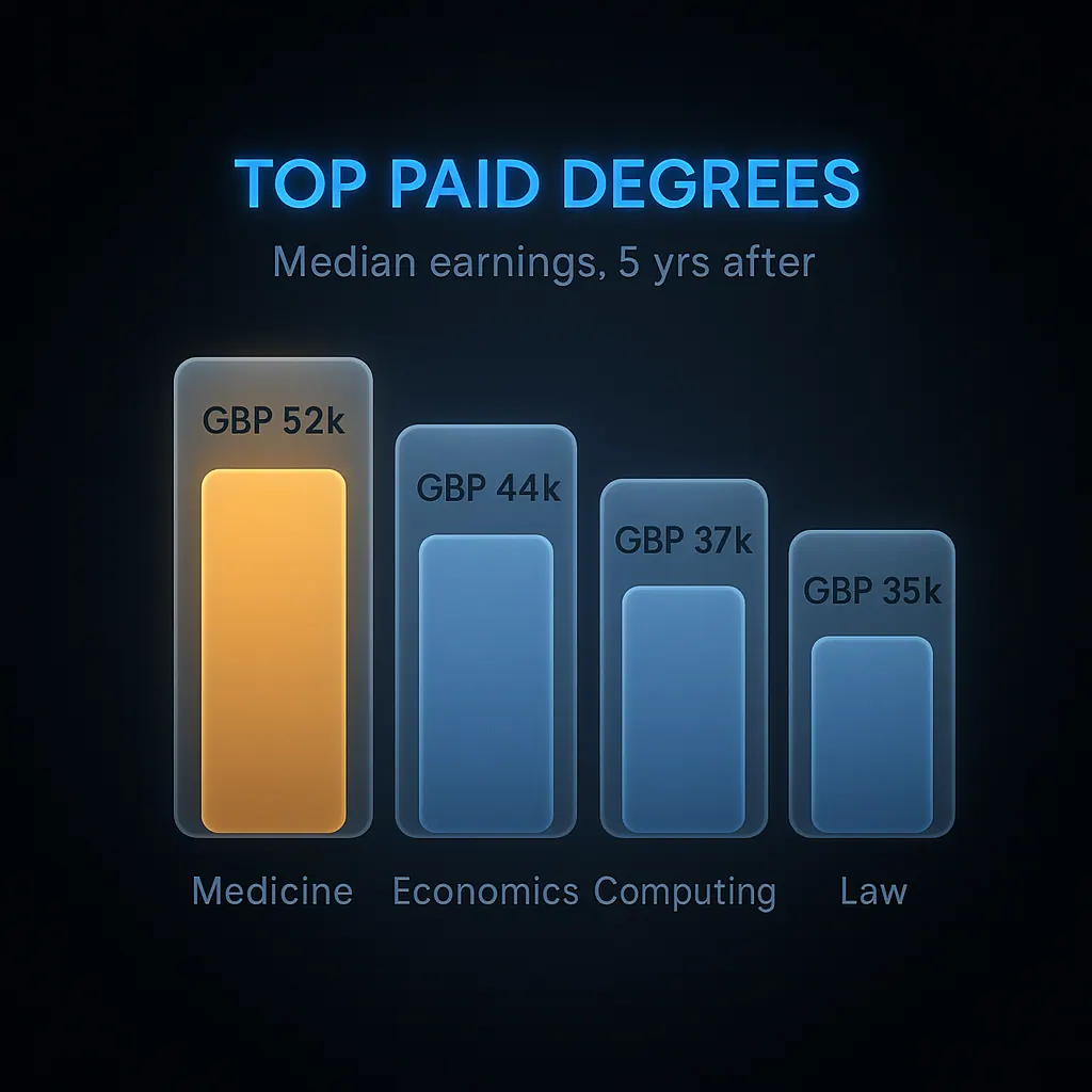 Bar chart of highest paying degrees in the UK by median graduate earnings five years after graduation