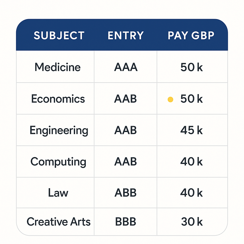Decision matrix comparing entry requirements and median earnings for the highest paying UK degree subjects