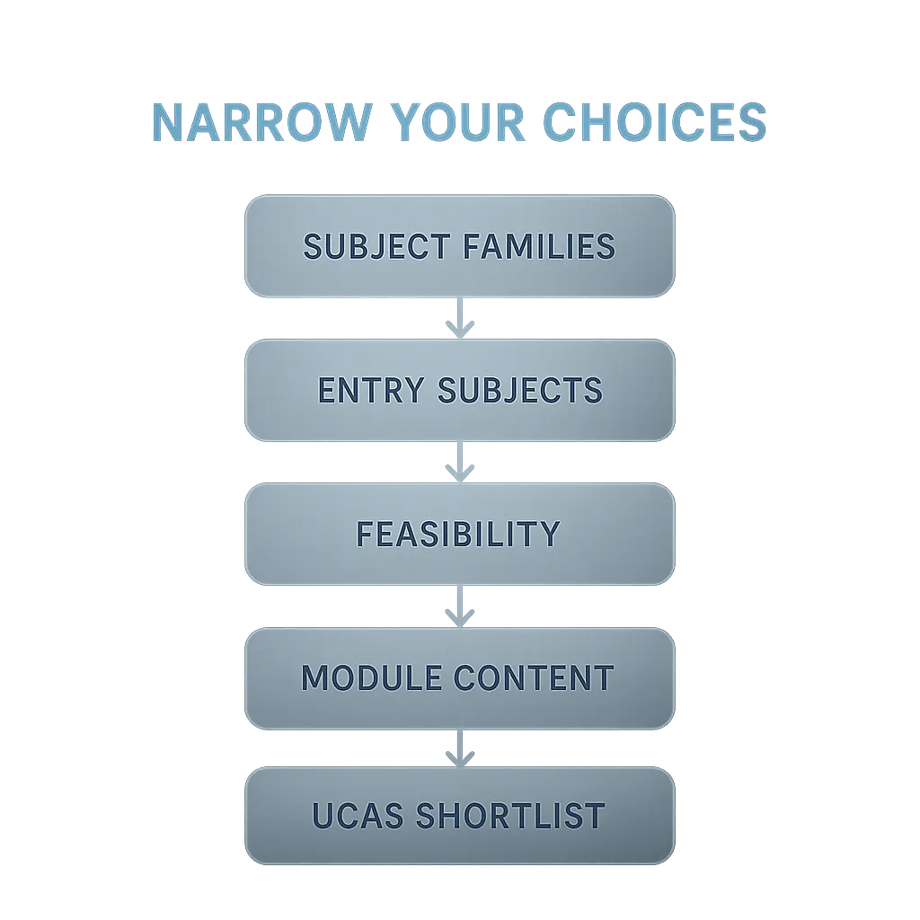 Flowchart showing how to narrow down university course choices from broad subject families to a final UCAS shortlist