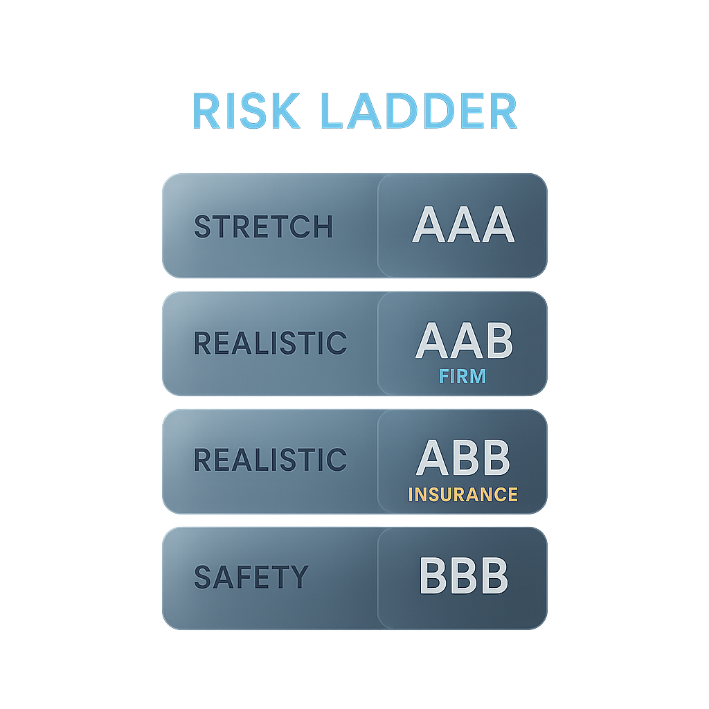 UCAS choices risk ladder showing stretch, realistic and safety tiers with firm and insurance positions marked