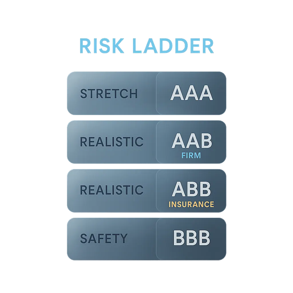 UCAS choices risk ladder showing stretch, realistic and safety tiers with firm and insurance positions marked
