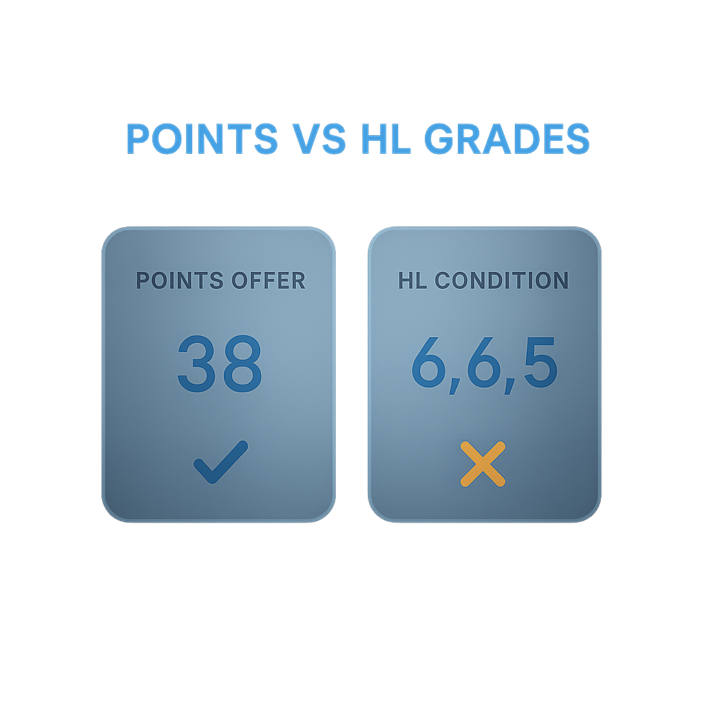 IB points vs HL grade offer comparison diagram showing how 38 points meets one UCAS offer but may miss an HL-specific condition