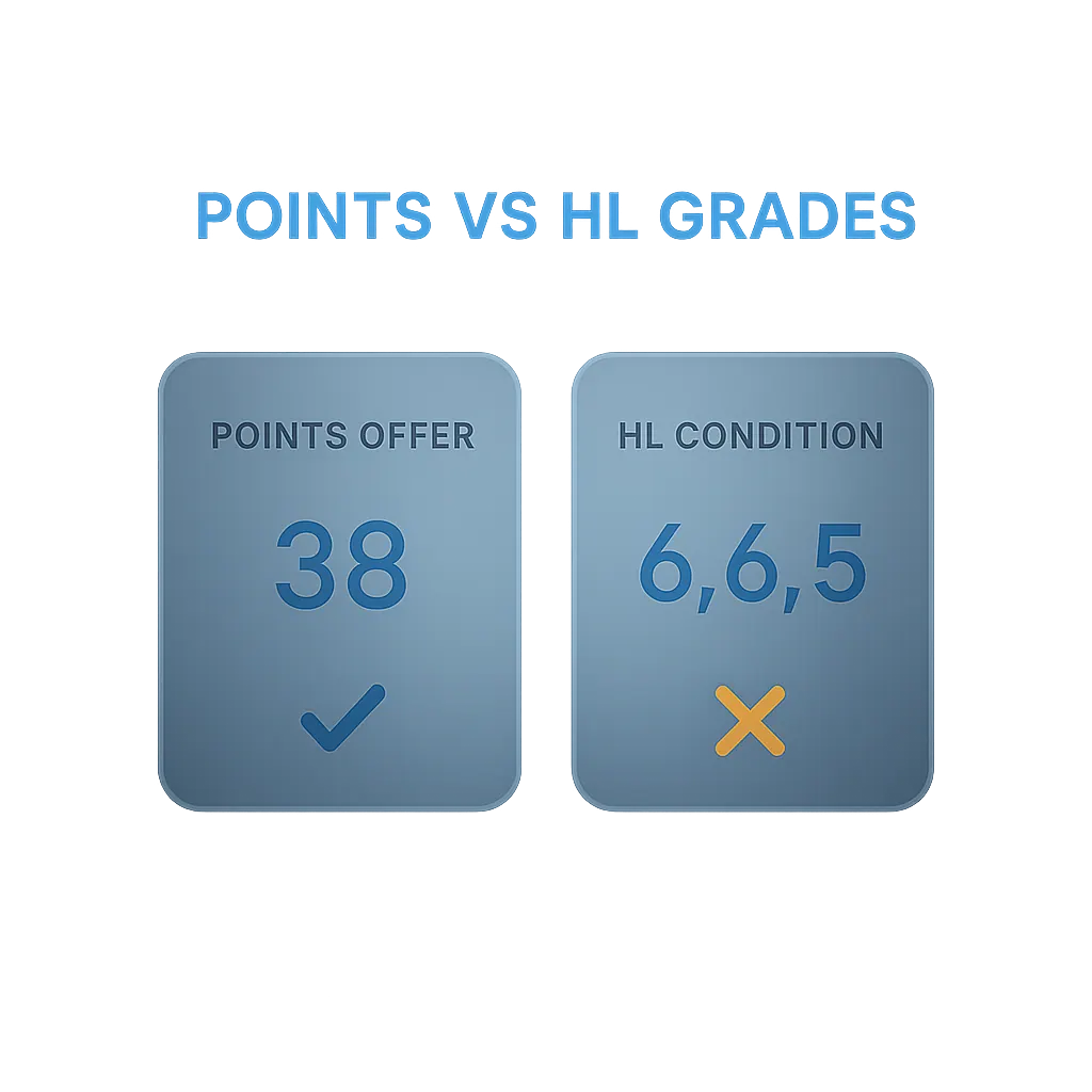 IB points vs HL grade offer comparison diagram showing how 38 points meets one UCAS offer but may miss an HL-specific condition